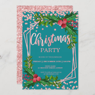 Rose Gold Teal Holly Glitter Confetti Christmas Invitation