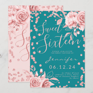 Rose Gold Teal Sweet 16 Glitter Confetti Floral Invitation
