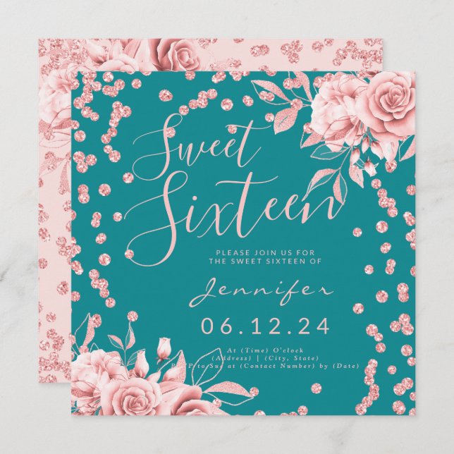 Rose Gold Teal Sweet 16 Glitter Confetti Floral Invitation (Front/Back)