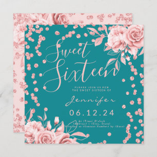 Rose Gold Teal Sweet 16 Glitter Confetti Floral Invitation