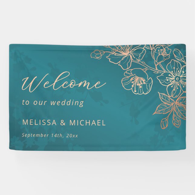 Rose Gold Teal Transparent Wedding Banner (Horizontal)
