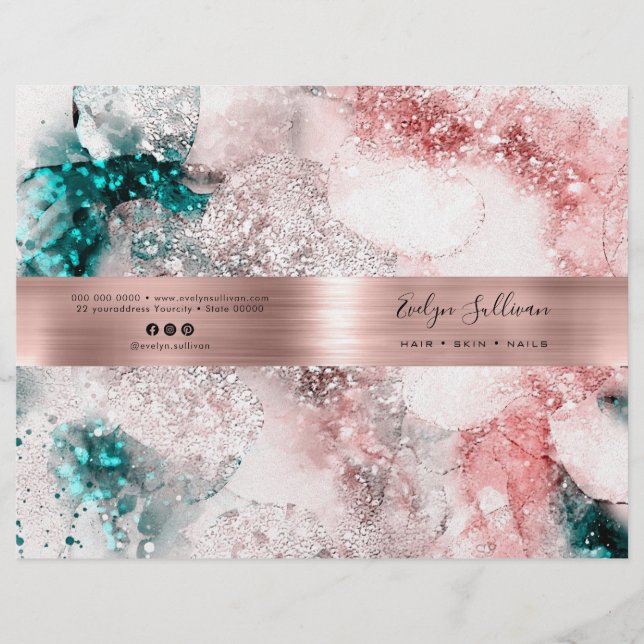Rose gold teal watercolor service menu brochure (Front)