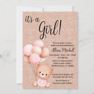Rose Gold Teddy Bear Baby Shower Invitation