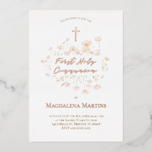 rose gold text First Communion delicate flowers