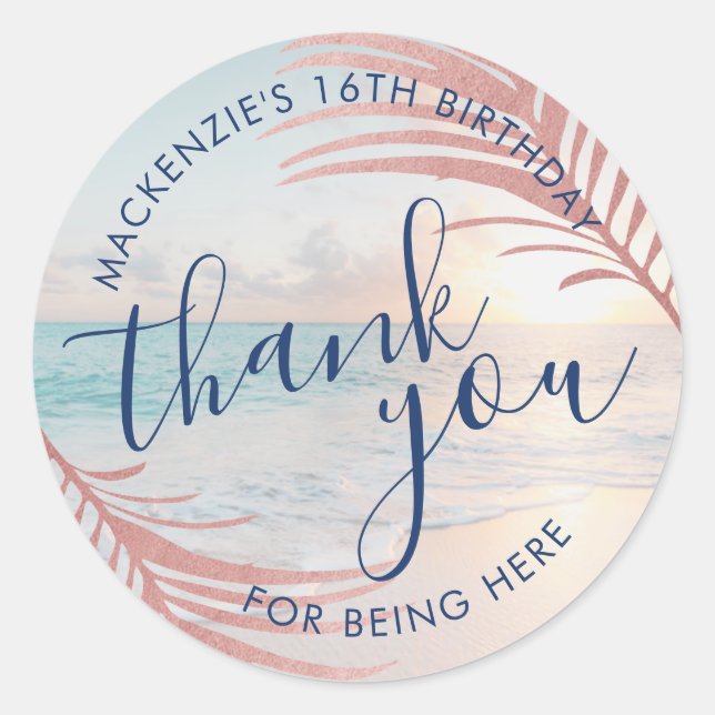 Rose Gold Thank You Beach Birthday Favour Classic Round Sticker (Front)
