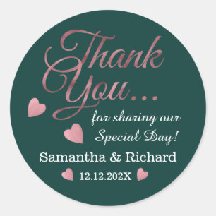 Rose Gold Thank You Wedding Favour Emerald Green   Classic Round Sticker