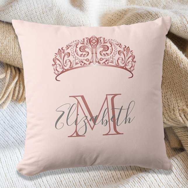 Rose gold tiara crown pink monogram name cushion (Creator Uploaded)