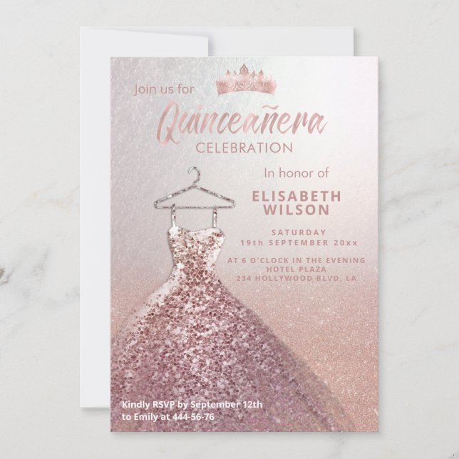 Rose gold  tiara sequins dress Quinceañera  Invita Invitation (Front)
