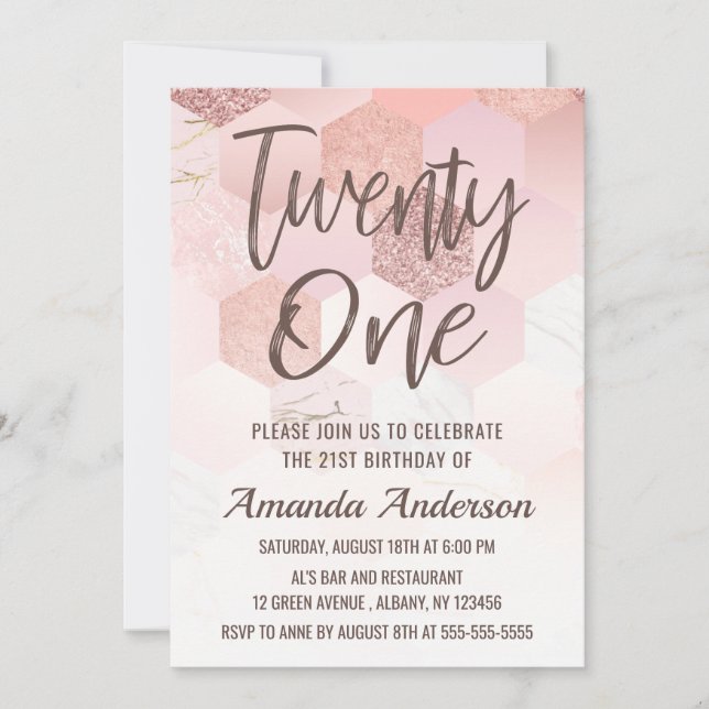 Rose Gold Tiles Brush Script 21st Birthday Invitation (Front)