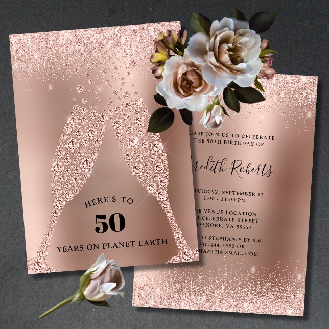 Rose Gold Toast of the Bubbly 50th Birthday Invitation (50th Birthday Party Invitation Rose Gold Foil Blush Pink Glitter Champagne Toast)