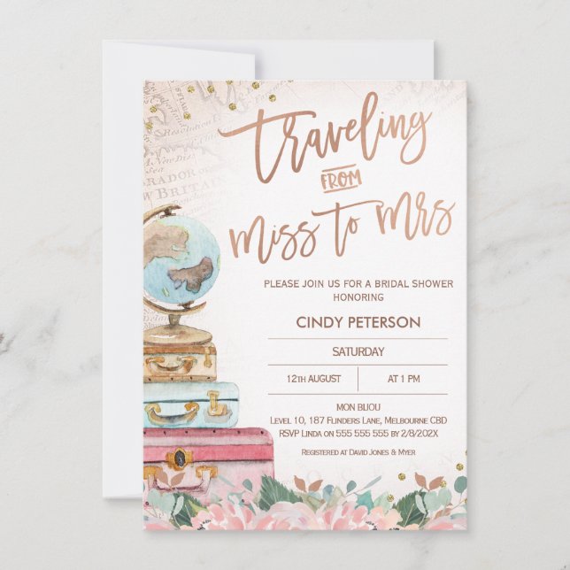 Rose Gold Traveling Miss to Mrs Bridal Shower Invitation (Front)