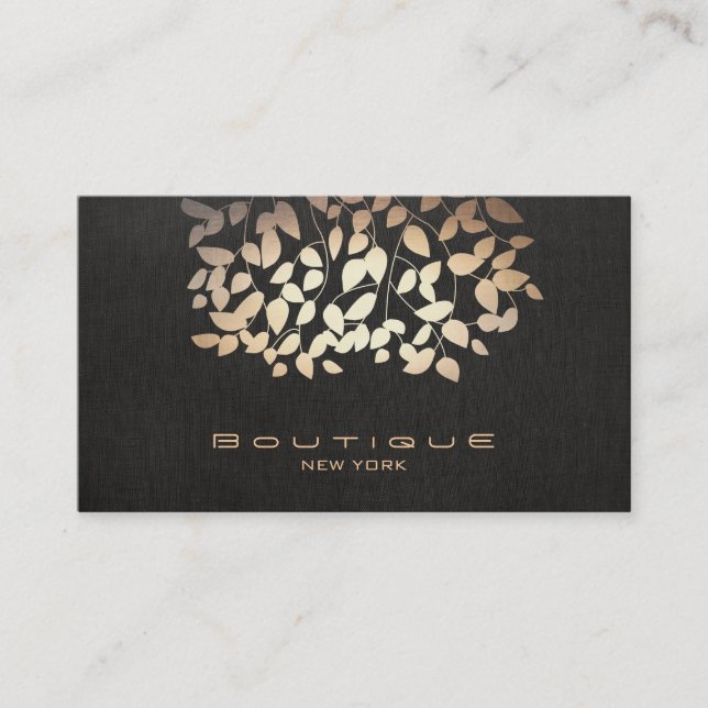 Rose Gold Tree Leaves Black Business Card (Front)