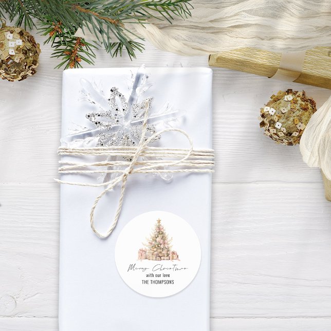 Rose Gold Tree Name Merry Christmas Classic Round Sticker (Creator Uploaded)