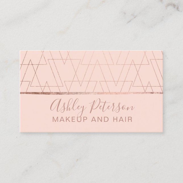 Rose gold triangles blush hair makeup typography business card (Front)