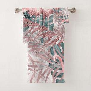 Rose Gold Tropical Flamingos Leaves & Marble Bath Towel Set