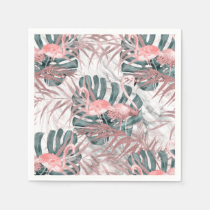 Rose Gold Tropical Flamingos Leaves & Marble Party Napkin