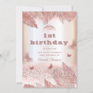 Rose gold tropical leaves glitter butterfly tiara invitation