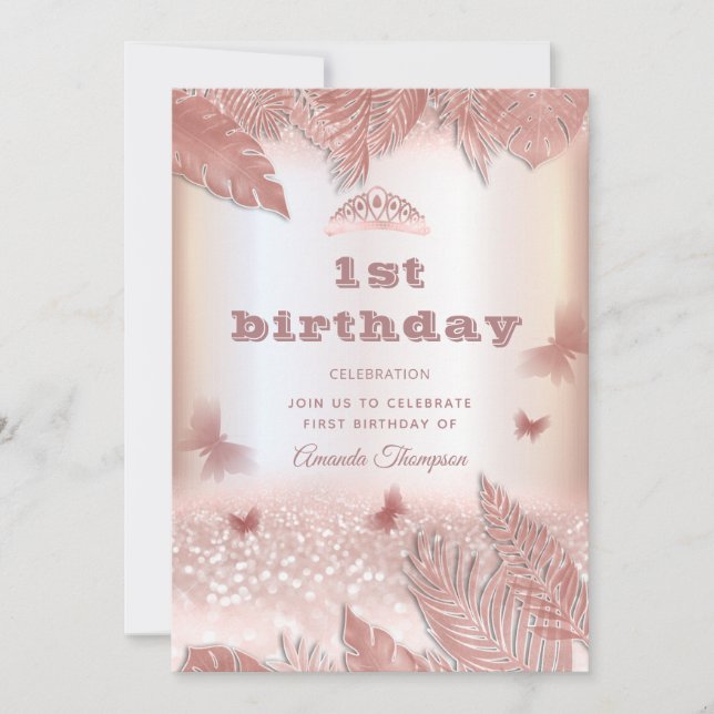 Rose gold tropical leaves glitter butterfly tiara invitation (Front)