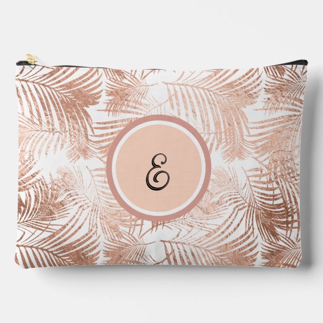 Rose Gold Tropical Leaves Monogram Accessory Pouch (Front)