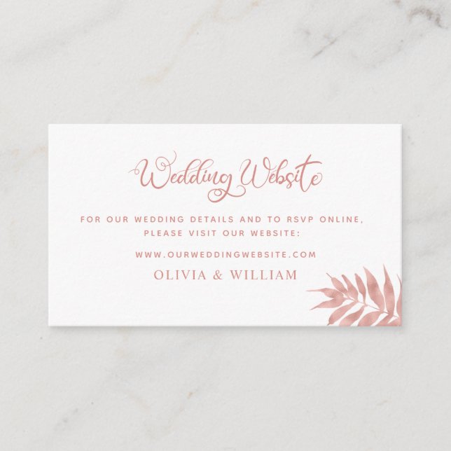 Rose Gold Tropical Palm Leaf Wedding Website Enclosure Card (Front)