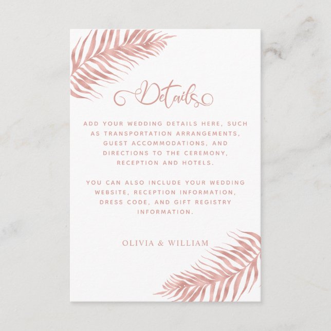 Rose Gold Tropical Palm Leaf White Wedding Details Enclosure Card (Front)