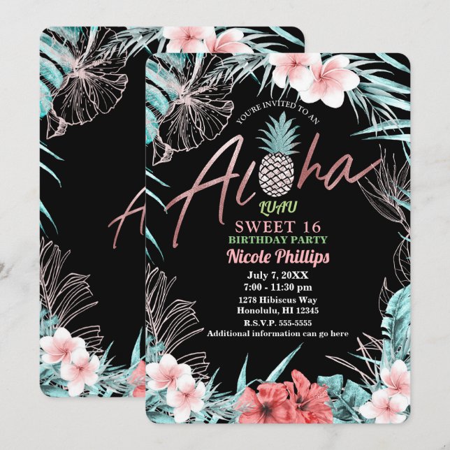 Rose Gold Tropical Pineapple Aloha Luau Sweet 16 Invitation (Front/Back)