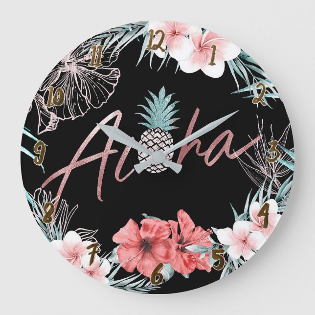 Rose Gold Tropical Pineapple Botanical Aloha Chic Large Clock (Front)