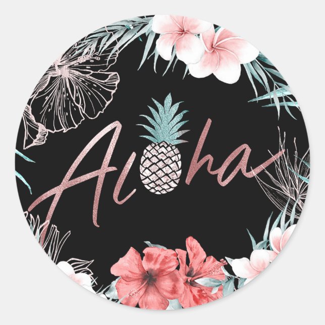 Rose Gold Tropical Pineapple Botanical Aloha Luau Classic Round Sticker (Front)
