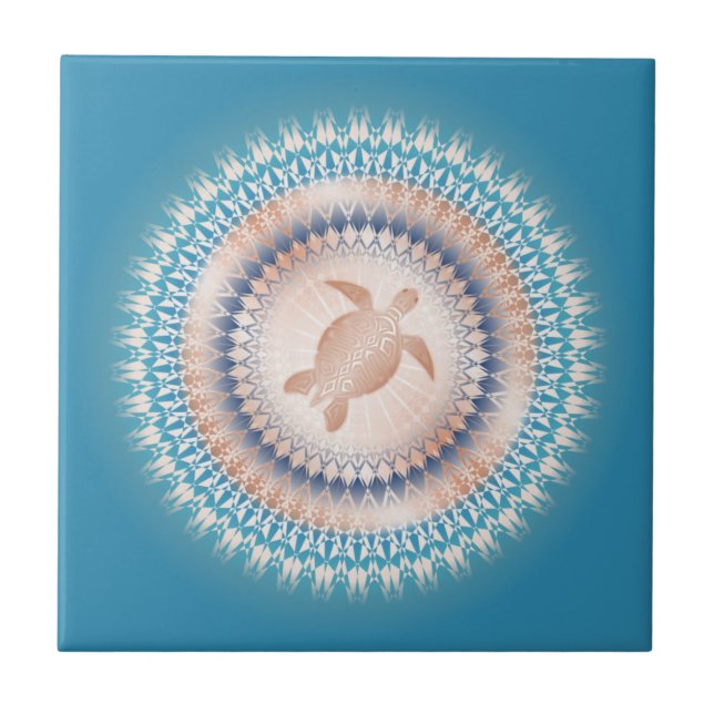 Rose Gold Turquoise Turtle Mandala Ceramic Tile (Front)