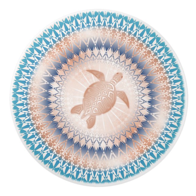Rose Gold Turquoise Turtle Mandala Nautical Ceramic Knob (Front)