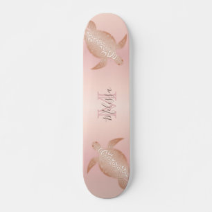 Rose Gold Turtle Blush Apricot Monogram Coastal Skateboard