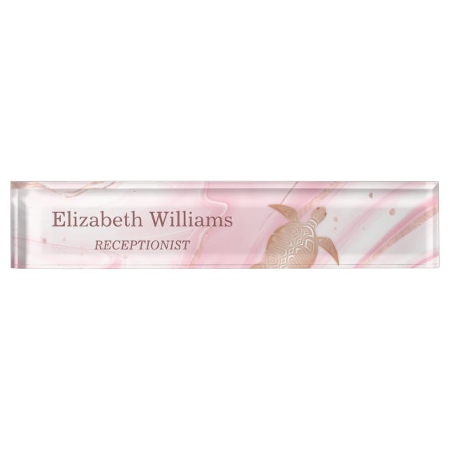 Rose Gold Turtle Pink Marble Ink Coastal Nameplate (Front)