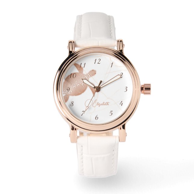Rose Gold Turtle White Marble Monogram Watch (Front)