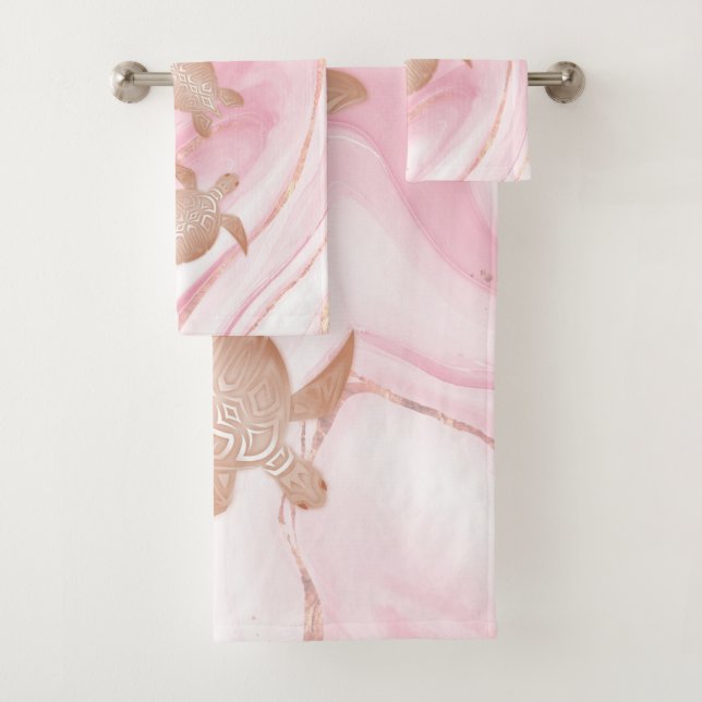 Rose Gold Turtles Ink Marble Coastal Bath Towel Set (Insitu)