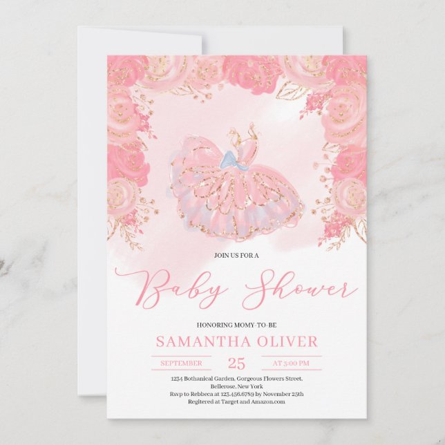 Rose gold tutu dress blush floral Baby Shower Invitation (Front)