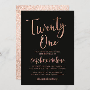 Rose Gold Twenty One Birthday Invitation   Glitter