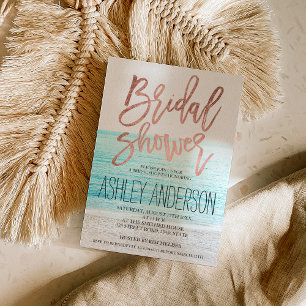 Rose gold typography beach photo bridal shower invitation