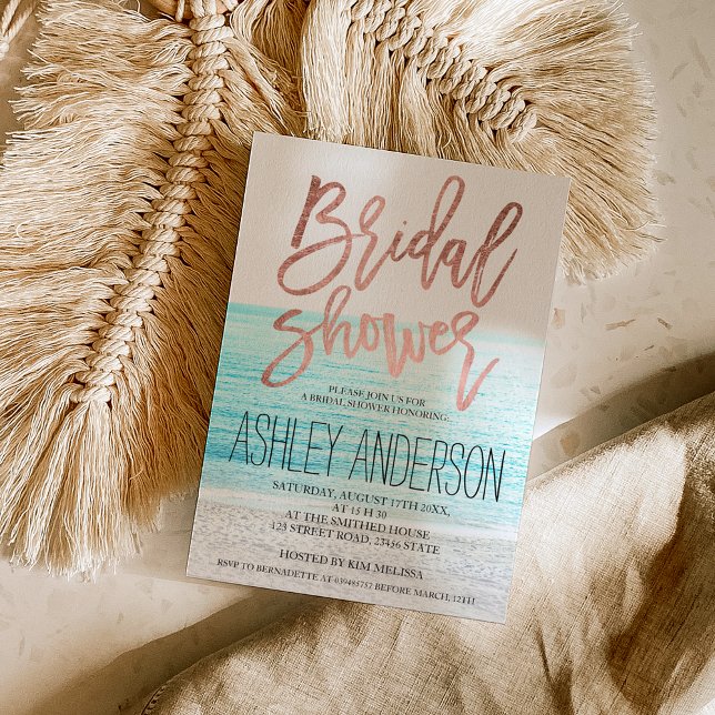 Rose gold typography beach photo bridal shower invitation (Creator Uploaded)