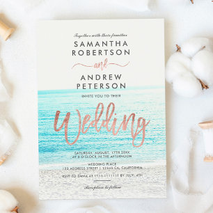 Rose gold typography beach photo wedding invitation