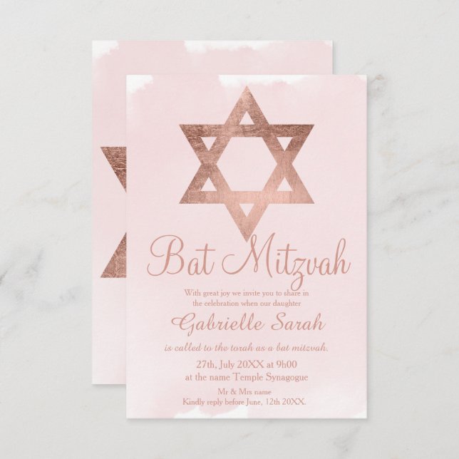 Rose gold typography blush pink Bat Mitzvah Invitation (Front/Back)