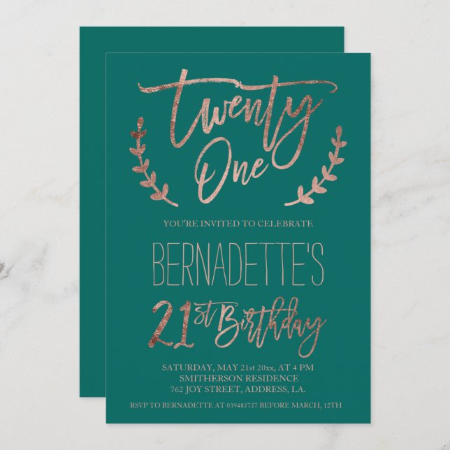 Rose gold typography feathers green 21st Birthday Invitation (Front/Back)
