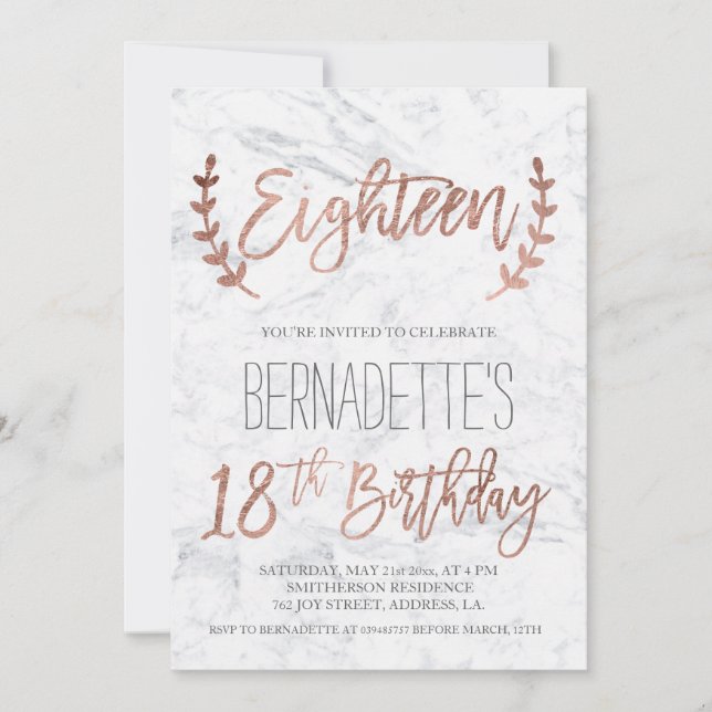 Rose gold typography feathers marble 18th Birthday Invitation (Front)