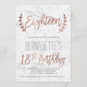 Rose gold typography feathers marble 18th Birthday Invitation