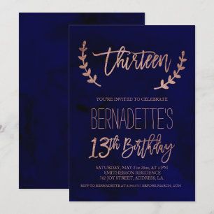 Rose gold typography feathers navy 13th Birthday Invitation