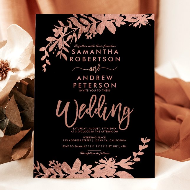 Rose Gold typography floral black chic wedding Invitation (Rose Gold typography floral black chic wedding Invitation)