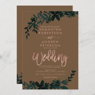 Rose gold typography Floral brown wedding Invitation
