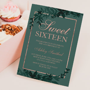 Rose gold typography Floral green leaf Sweet 16 Invitation