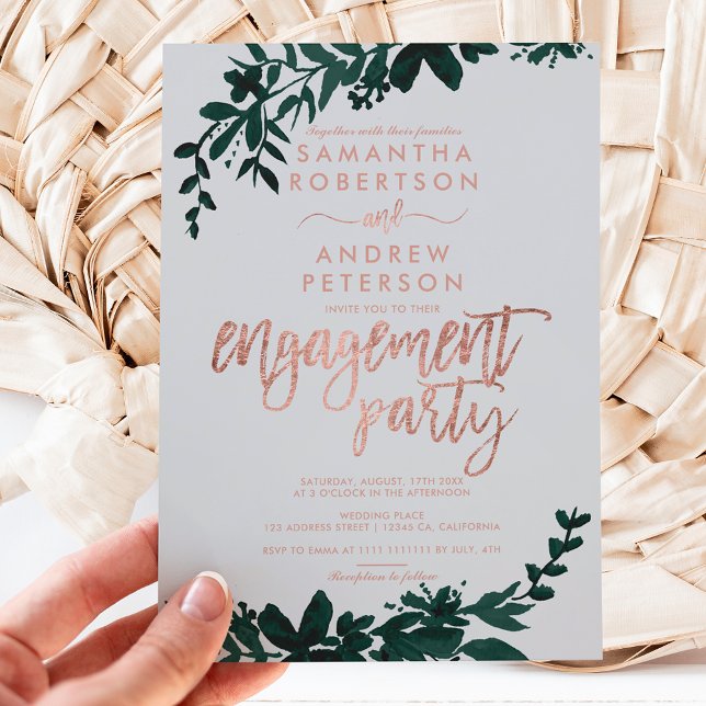 Rose gold typography Floral grey engagement Invitation (Creator Uploaded)