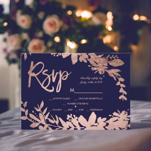 Rose Gold typography floral navy blue rsvp wedding Card