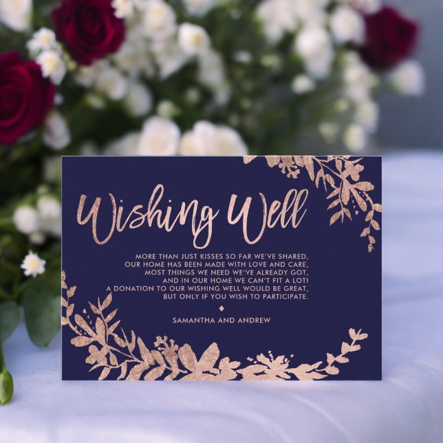 Rose Gold typography floral navy blue wishing well Enclosure Card (Rose Gold typography floral navy blue wishing well Enclosure Card)
